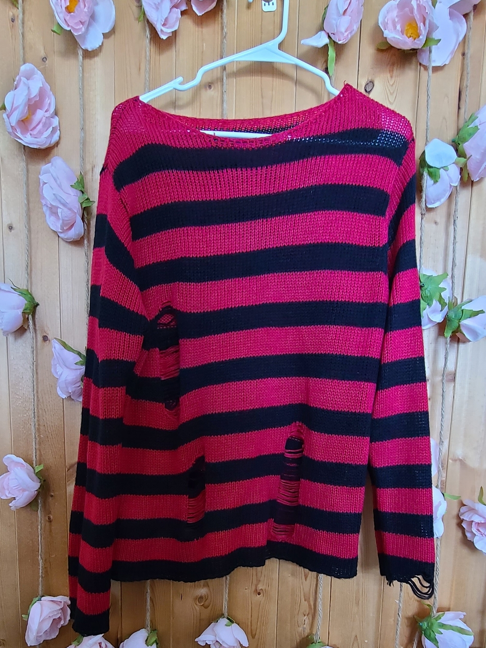 SHEIN Red & Black Striped Distressed Crew Neck Sweater